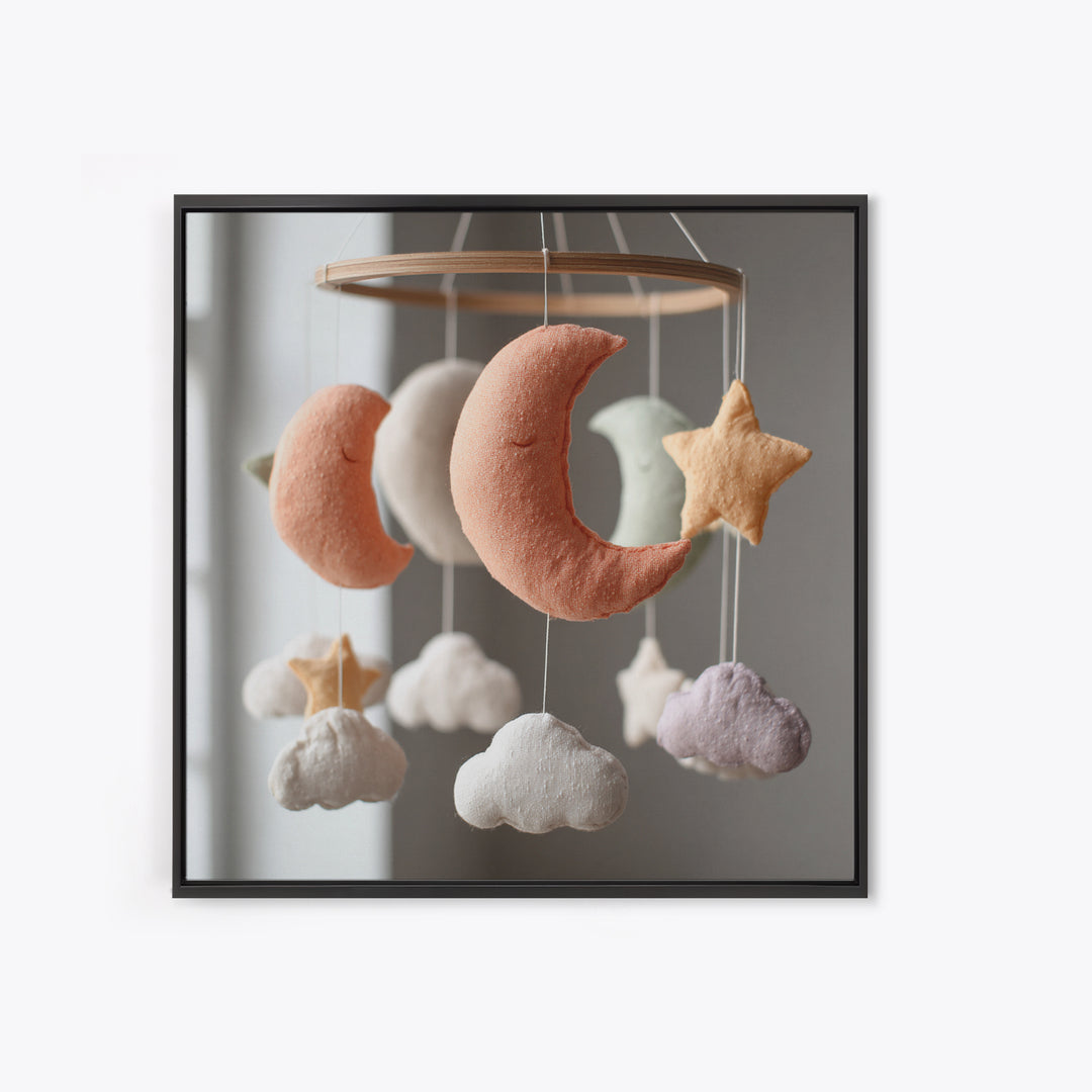 Moon Phase Mobile Framed Canvas Print, Nursery Decor, Nursery Wall Decal, Oil Painting, Nursery, Minimalist Decor, NDE-1x1-51