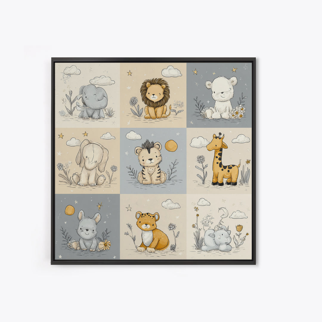 Cute Safari Animals Framed Canvas Print, Nursery Decor, Floral Wall Art, Fine Art, Nursery, Gallery Decor, Neutral Decor, NDE-1x1-52