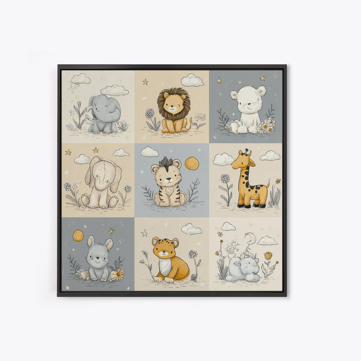 Cute Safari Animals Framed Canvas Print, Nursery Decor, Floral Wall Art, Fine Art, Nursery, Gallery Decor, Neutral Decor, NDE-1x1-52