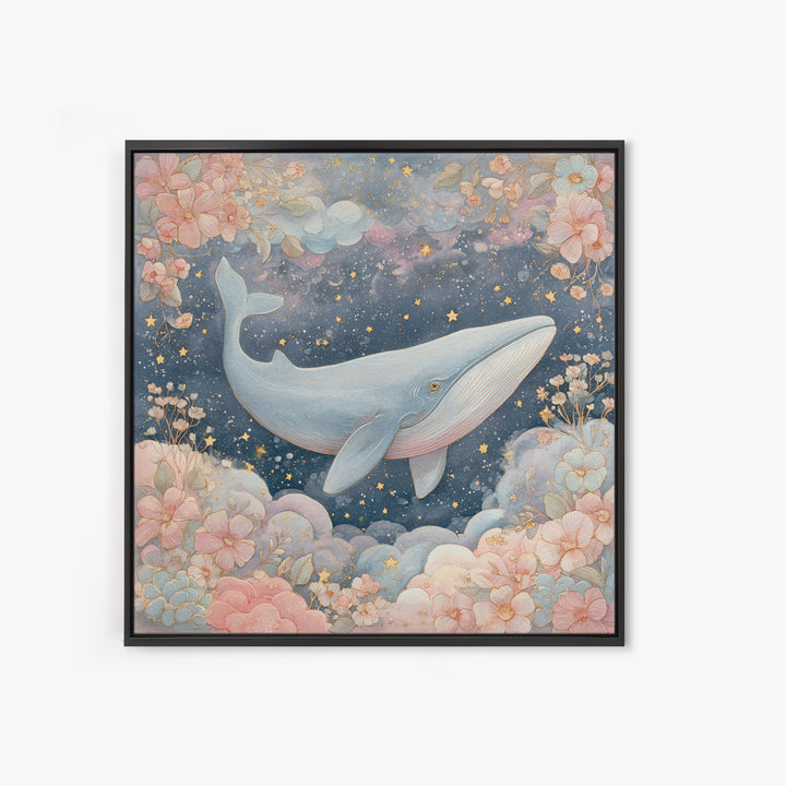 Baby Whale Swimming Through Stars Framed Canvas Print, Nursery Decor, Nursery, Fine Art, Nursery, Baby Girl Nursery Decor, NDE-1x1-56