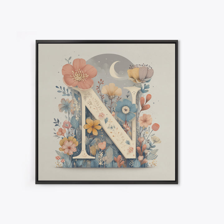 Soft Floral Initial Frame Without Letters Framed Canvas Print, Nursery Decor, Boy Nursery Decor, Fine Art, Nursery, NDE-1x1-58