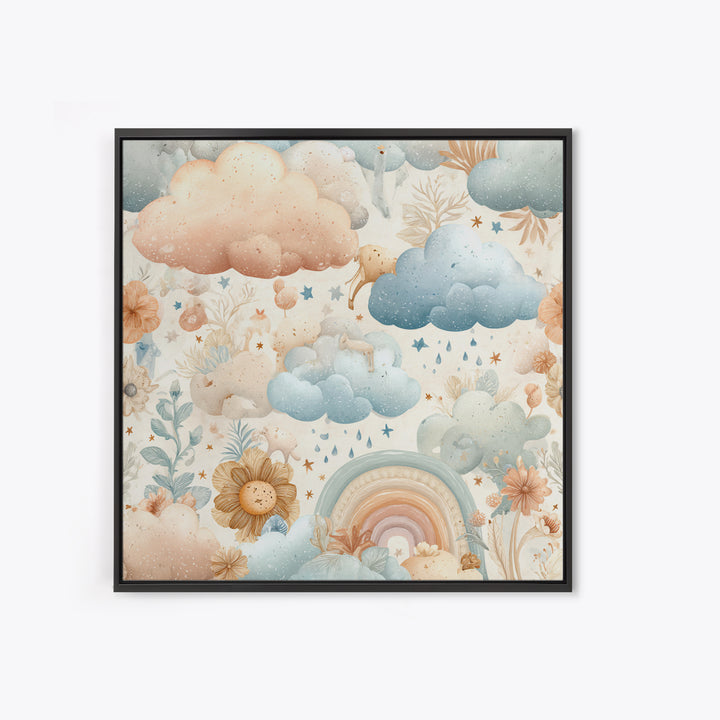 Cloud Rainbow and Raindrop Composition Framed Canvas Print, Nursery Decor, Wall Light, Fine Art, Nursery, Statement Artwork, NDE-1x1-68