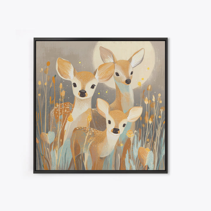 Baby Deer in Meadow with Fireflies Framed Canvas Print, Nursery Decor, Nursery Wall Decals, Oil Painting, Nursery, NDE-1x1-70