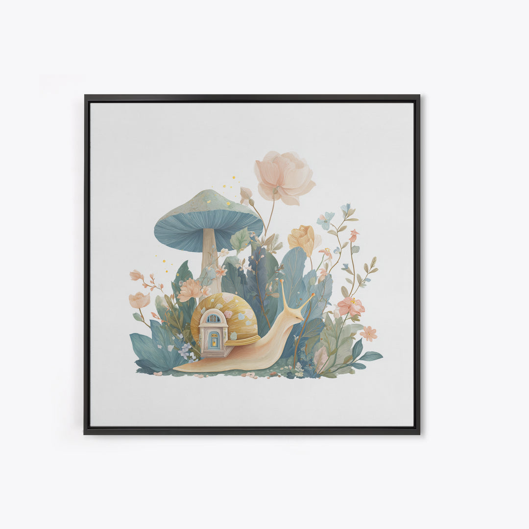 Garden Snail with Mushroom House Framed Canvas Print, Nursery Decor, Woodland Nursery, Watercolor Art, Nursery, NDE-1x1-71