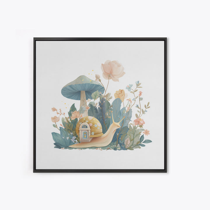 Garden Snail with Mushroom House Framed Canvas Print, Nursery Decor, Woodland Nursery, Watercolor Art, Nursery, NDE-1x1-71