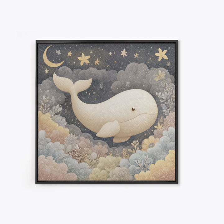 Baby Whale Swimming Through Stars Framed Canvas Print, Nursery Decor, Framed Wall Art, Fine Art, Nursery, Safari Nursery Decor, NDE-1x1-8