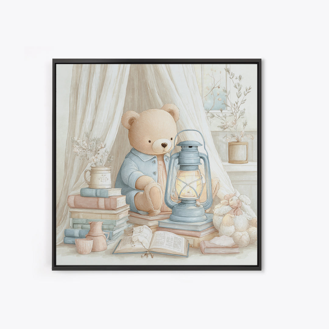 Storybook Bear with Little Lantern Canvas Print, Nursery Decor, Art Print, Fine Art, Nursery, Woodland Nursery Decor, NDE-1x1-81