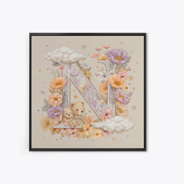 Soft Floral Initial Frame Without Letters Canvas Print, Nursery Decor, Boho Decor, Fine Art, Nursery, Nursery Wall Art, NDE-1x1-82