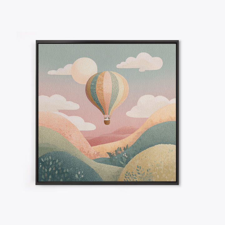 Hot Air Balloon Drifting Framed Canvas Print, Nursery Decor, Kids Wall Art, Abstract Art, Nursery, Room Decor, NDE-1x1-84