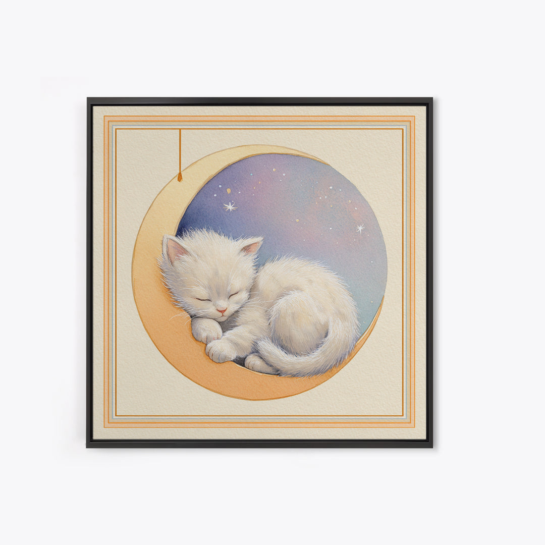 Sleeping Kitten on Crescent Moon Canvas Print, Nursery Decor, Contemporary Art, Nursery, Wall Decals, Nursery Wall Decor, NDE-1x1-89
