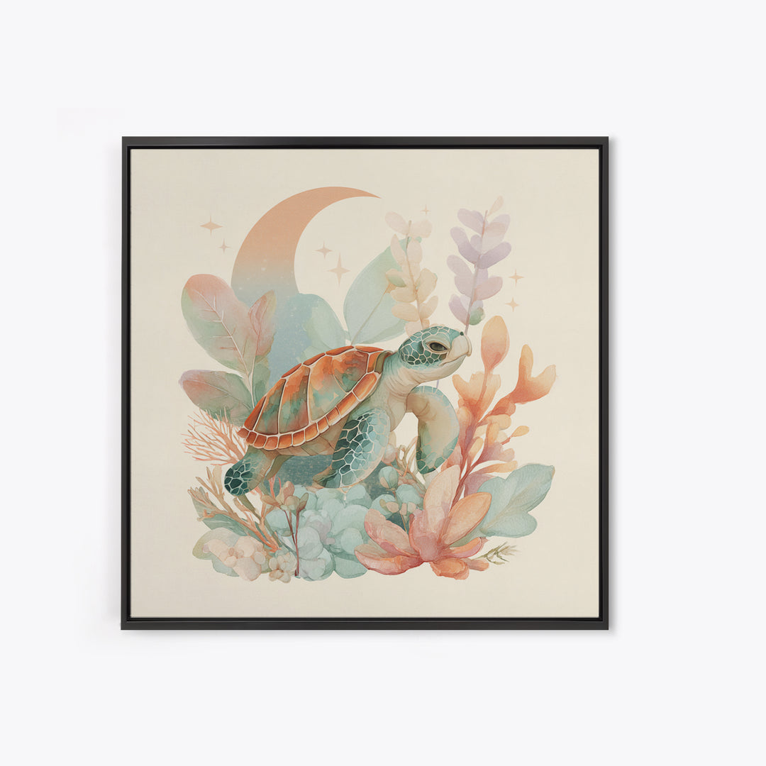 Tiny Turtle with Sea Plants Canvas Print, Nursery Decor, Room Decor, Fine Art, Nursery, Framed Wall Art, Bedroom Decor, NDE-1x1-91