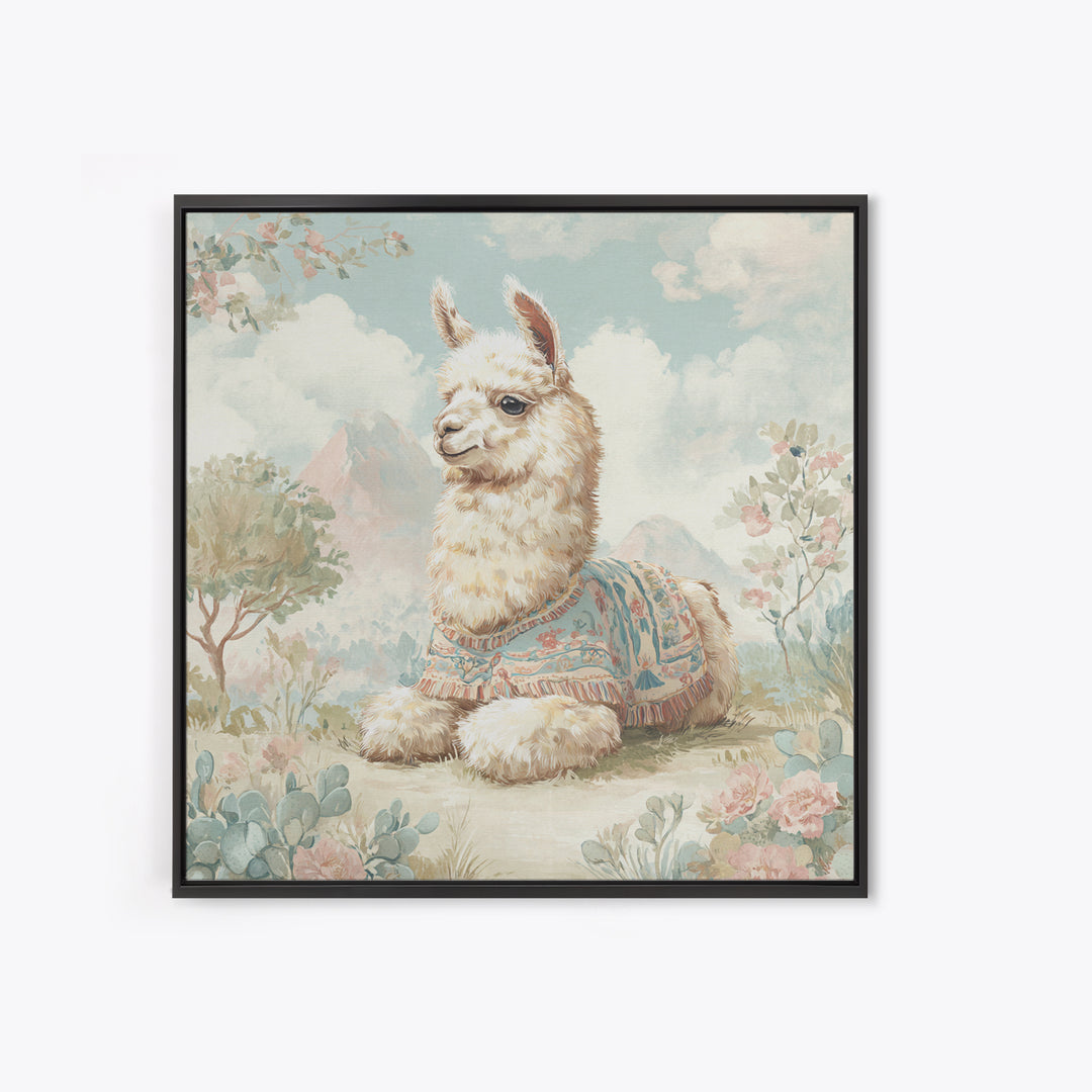 Cute Llama with Blanket Pattern Framed Canvas Print, Nursery Decor, Wall Art, Oil Painting, Nursery, Nursery Wall Decor, NDE-1x1-93