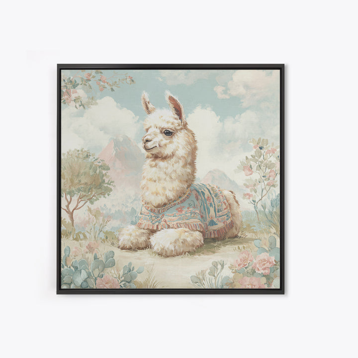Cute Llama with Blanket Pattern Framed Canvas Print, Nursery Decor, Wall Art, Oil Painting, Nursery, Nursery Wall Decor, NDE-1x1-93