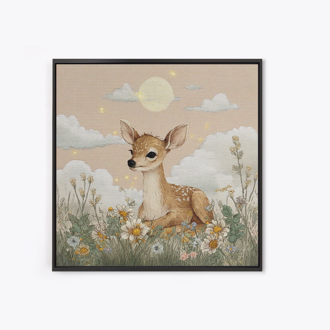 Baby Deer in Meadow with Fireflies Canvas Print, Nursery Decor, Modern Decor, Fine Art, Nursery, Wall Decor, Art Print, NDE-1x1-94