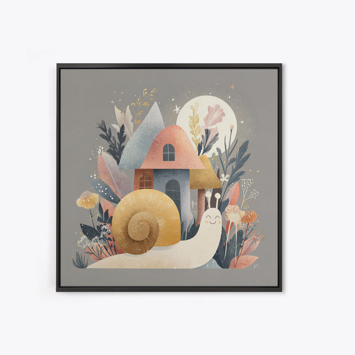 Garden Snail with Mushroom House Canvas Print, Nursery Decor, Fine Art Print, Watercolor Art, Nursery, Printable Wall Art, NDE-1x1-95