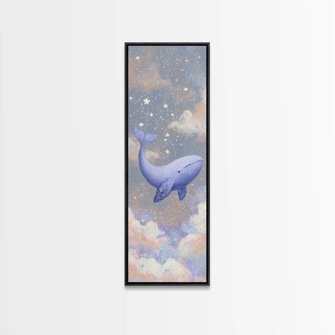 Baby Whale Swimming Through Stars Framed Canvas Print, Nursery Decor, Wall Decor, Fine Art, Nursery, Woodland Nursery Decor, NDE-1x3-20