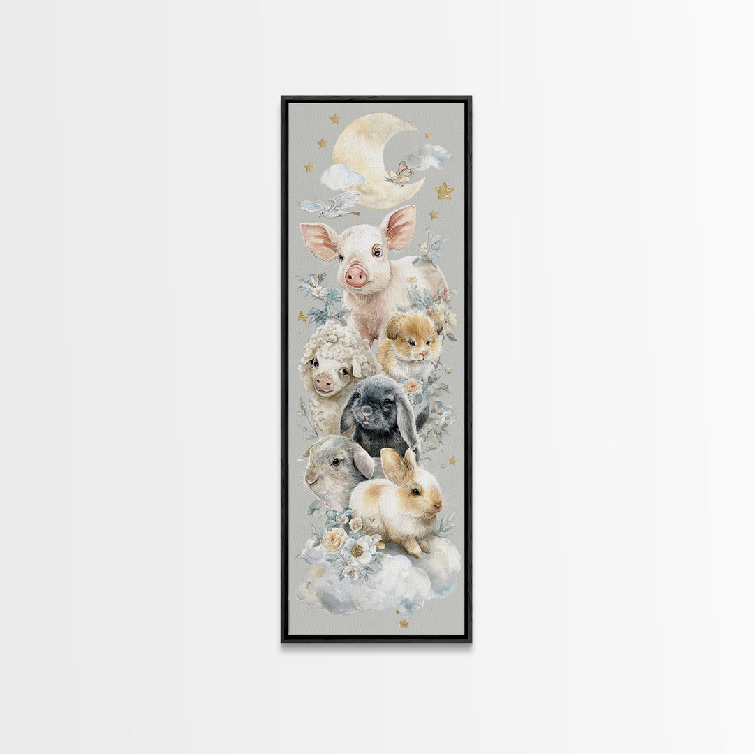 Farm Animals in Soft Watercolor Style Framed Canvas Print, Nursery Decor, Nursery Wall Decal, Oil Painting, Nursery, NDE-1x3-30