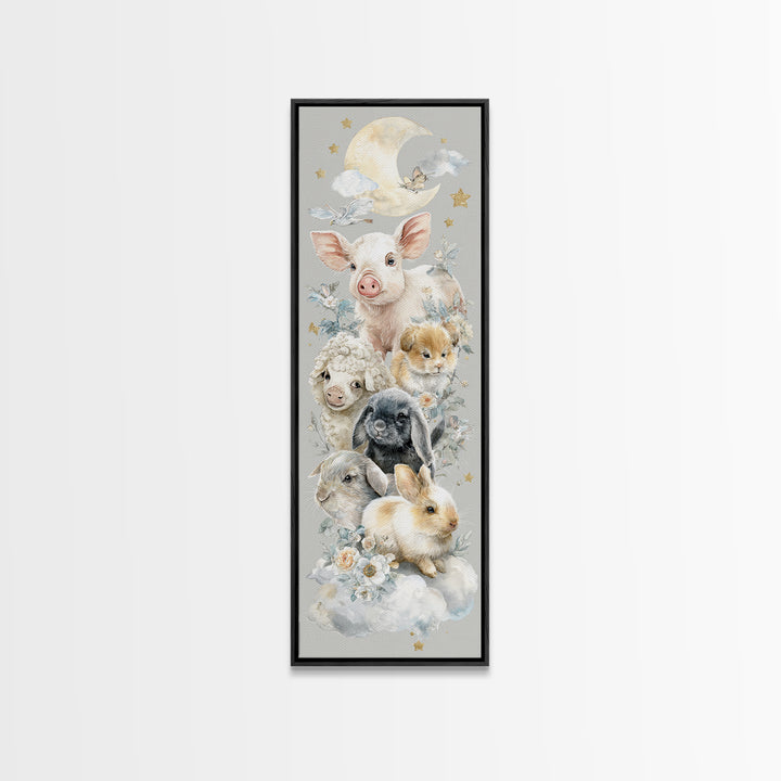 Farm Animals in Soft Watercolor Style Framed Canvas Print, Nursery Decor, Nursery Wall Decal, Oil Painting, Nursery, NDE-1x3-30