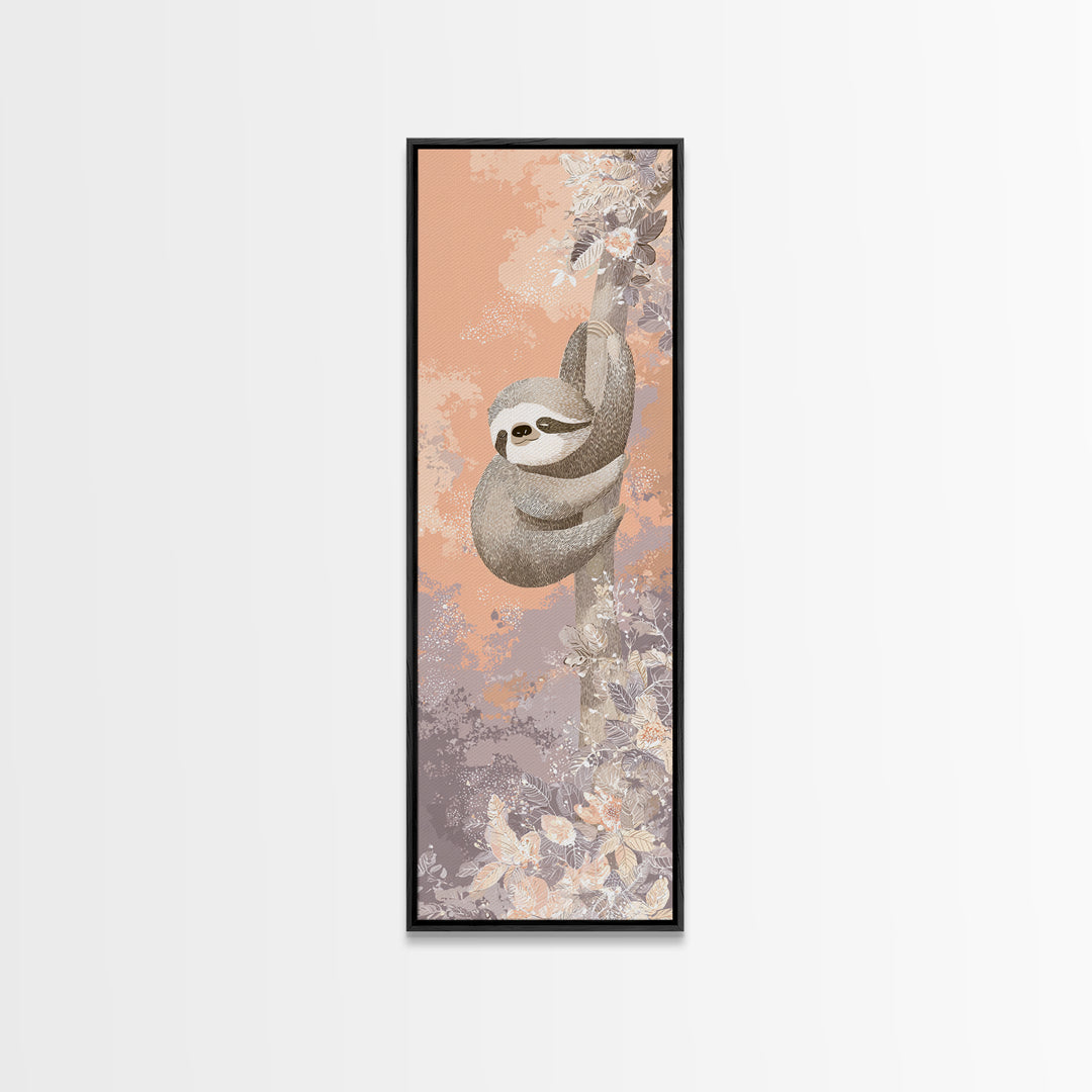 Sleepy Sloth Hanging from Branch Canvas Print, Nursery Decor, Neutral Decor, Oil Painting, Nursery, Home Decor, Wall Decor, NDE-1x3-42