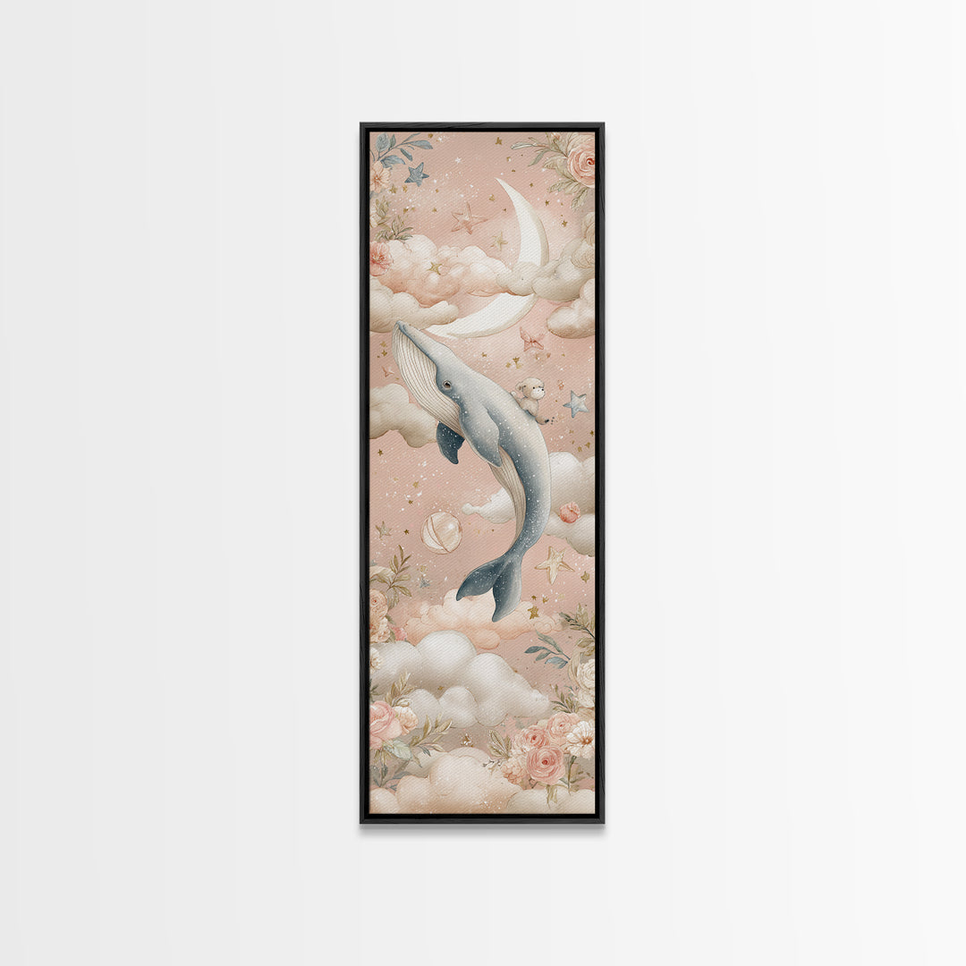 Baby Whale Swimming Through Stars Canvas Print, Nursery Decor, Framed Wall Art, Fine Art, Nursery, Safari Nursery Decor, NDE-1x3-44