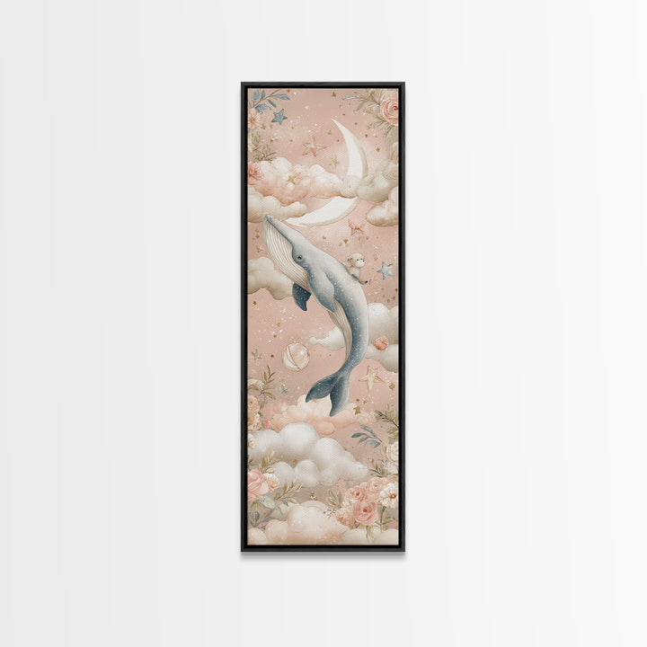 Baby Whale Swimming Through Stars Canvas Print, Nursery Decor, Framed Wall Art, Fine Art, Nursery, Safari Nursery Decor, NDE-1x3-44