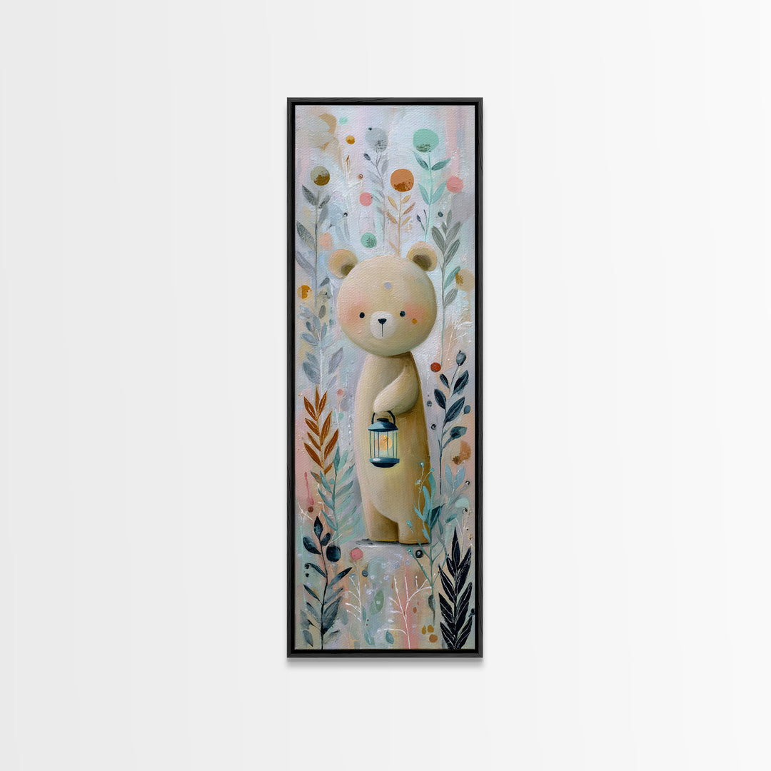 Storybook Bear with Little Lantern Framed Canvas Print, Nursery Decor, Wall Art, Oil Painting, Nursery, Nursery Wall Decor, NDE-1x3-45