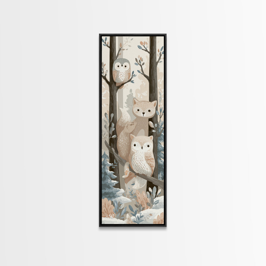 Fox and Owl Friends Framed Canvas Print, Nursery Decor, Fine Art Print, Fine Art, Nursery, Printable Wall Art, Nursery Wall Art, NDE-1x3-50