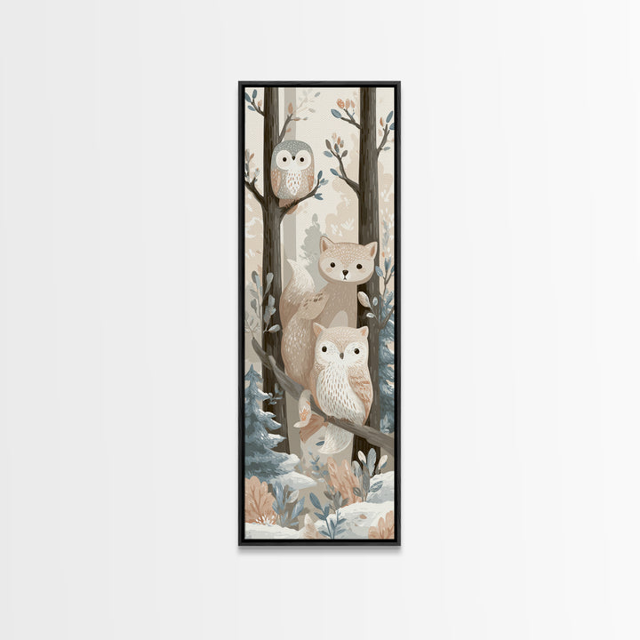 Fox and Owl Friends Framed Canvas Print, Nursery Decor, Fine Art Print, Fine Art, Nursery, Printable Wall Art, Nursery Wall Art, NDE-1x3-50