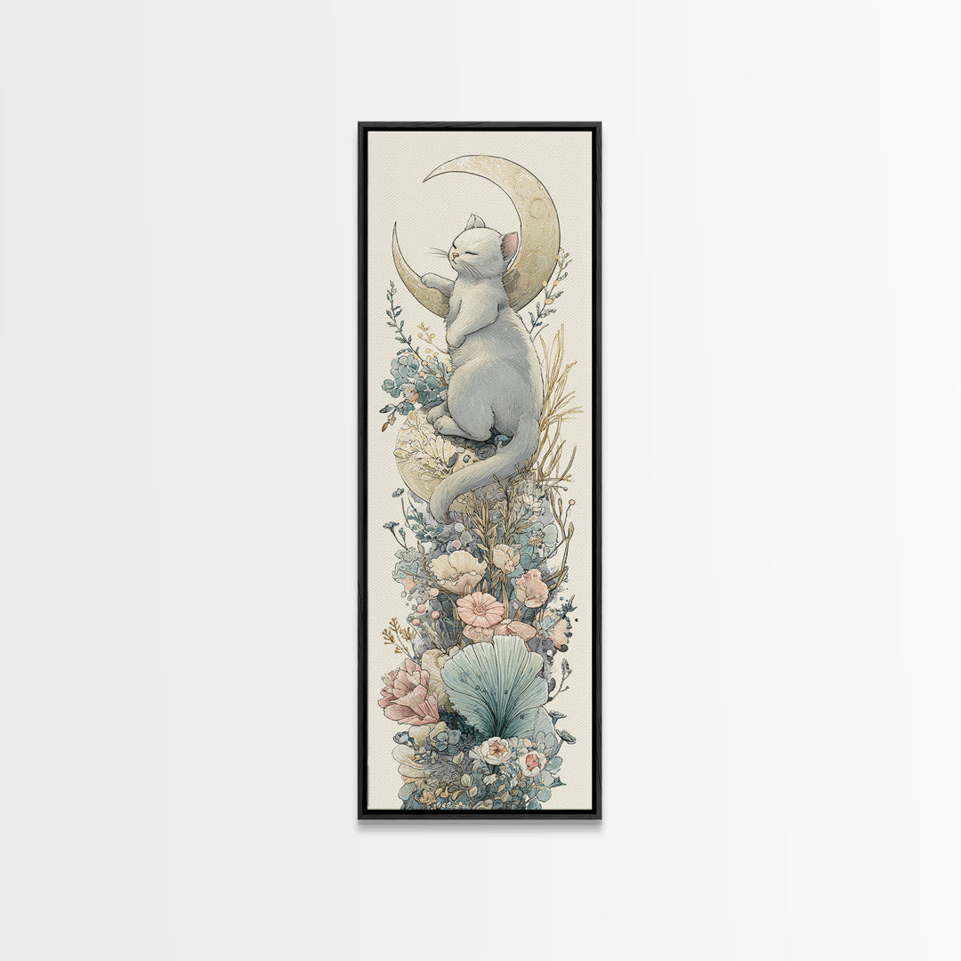 Sleeping Kitten on Crescent Moon Framed Canvas Print, Nursery Decor, Textured Painting, Fine Art, Nursery, Bedroom Decor, NDE-1x3-53