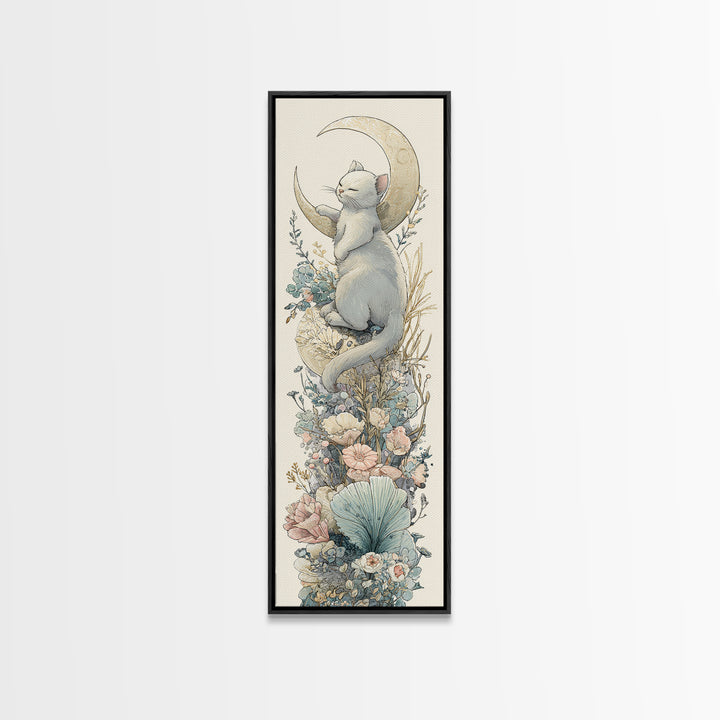 Sleeping Kitten on Crescent Moon Framed Canvas Print, Nursery Decor, Textured Painting, Fine Art, Nursery, Bedroom Decor, NDE-1x3-53