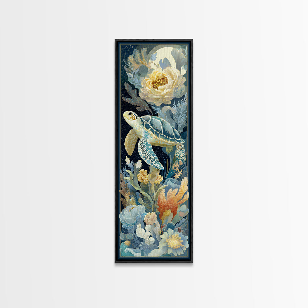 Tiny Turtle with Sea Plants Canvas Print, Nursery Decor, Floral Wallpaper, Oil Painting, Nursery, Fine Art Print, NDE-1x3-55