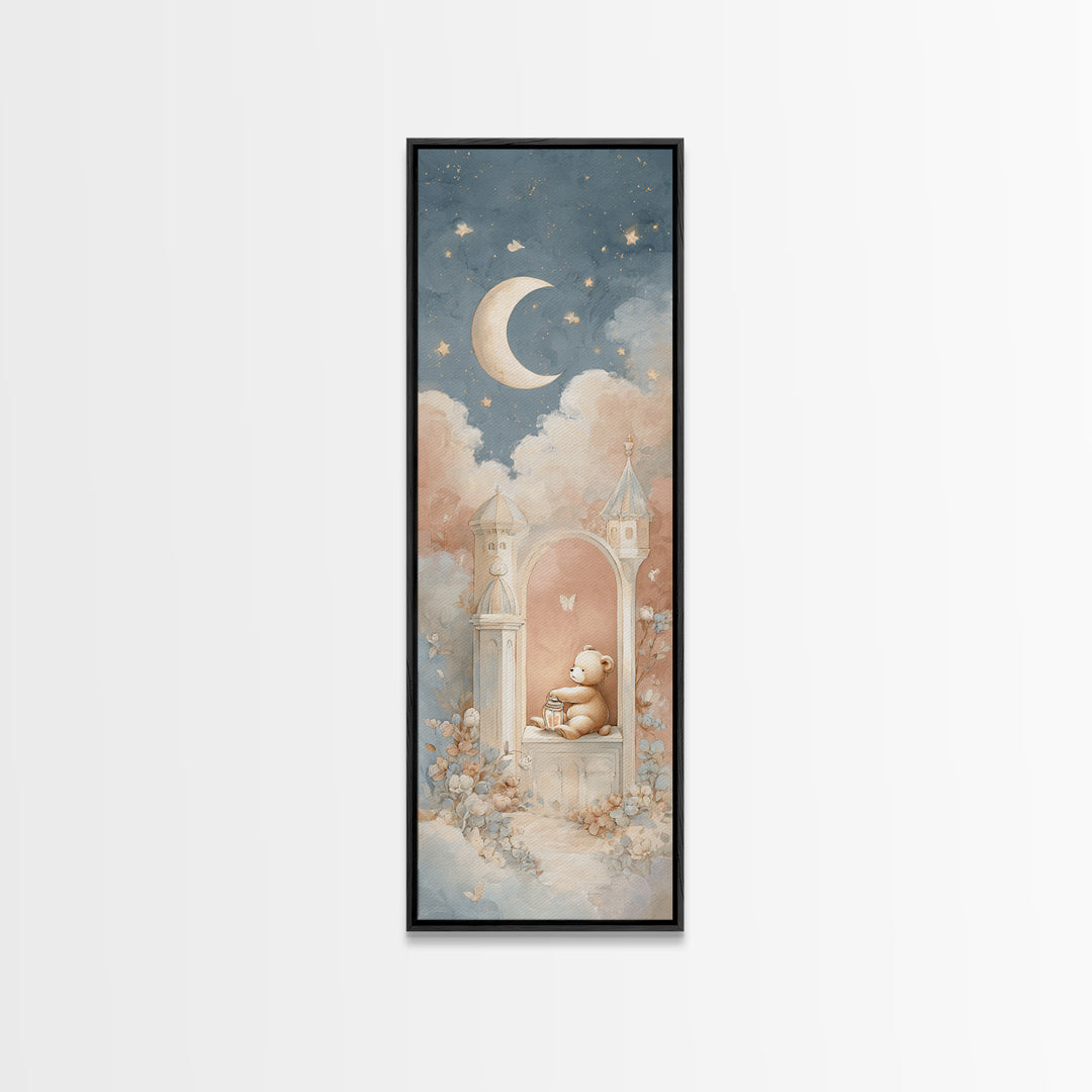 Storybook Bear with Little Lantern Framed Canvas Print, Nursery Decor, Wall Art, Oil Painting, Nursery, Nursery Wall Decor, NDE-1x3-69