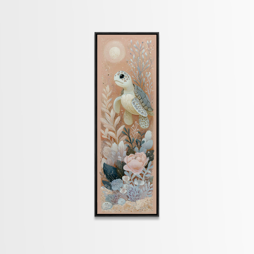 Tiny Turtle with Sea Plants Framed Canvas Print, Nursery Decor, Nursery Wall Decals, Fine Art, Nursery, Textured Painting, NDE-1x3-79
