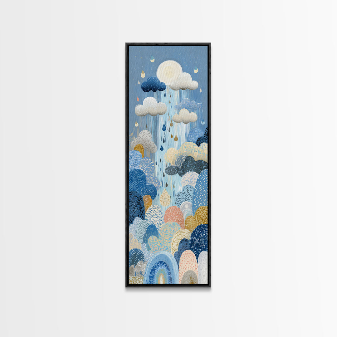 Cloud Rainbow and Raindrop Composition Framed Canvas Print, Nursery Decor, Wall Light, Fine Art, Nursery, Statement Artwork, NDE-1x3-80
