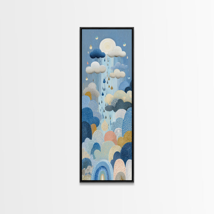 Cloud Rainbow and Raindrop Composition Framed Canvas Print, Nursery Decor, Wall Light, Fine Art, Nursery, Statement Artwork, NDE-1x3-80