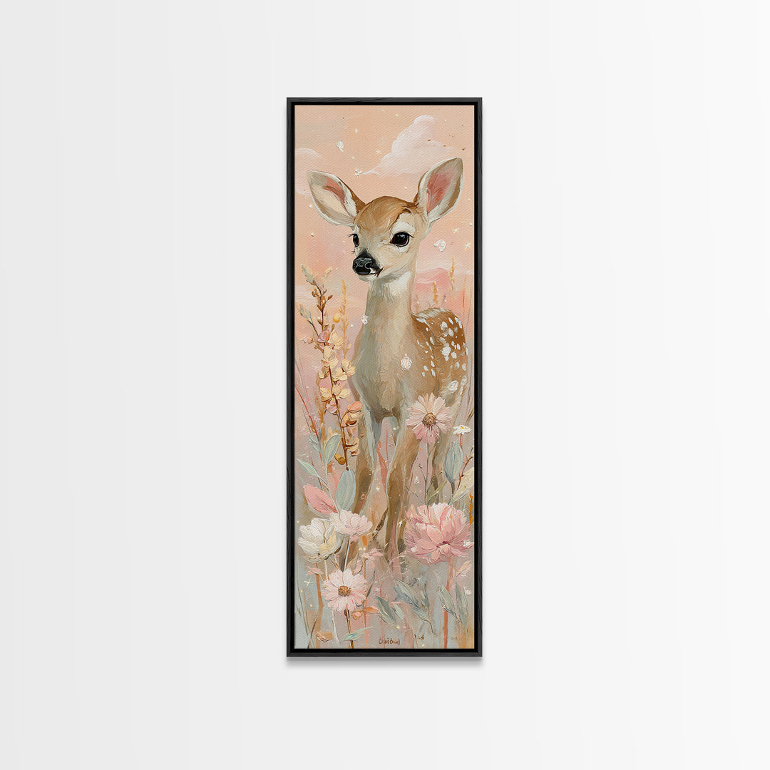 Baby Deer in Meadow with Fireflies Canvas Print, Nursery Decor, Boho Decor, Nursery, Nursery Wall Art, Framed Wall Art, NDE-1x3-82