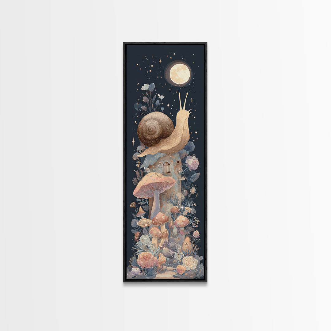 Garden Snail with Mushroom House Framed Canvas Print, Nursery Decor, Woodland Nursery, Watercolor Art, Nursery, NDE-1x3-83