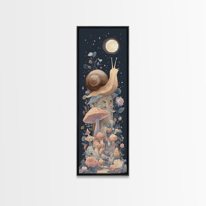 Garden Snail with Mushroom House Framed Canvas Print, Nursery Decor, Woodland Nursery, Watercolor Art, Nursery, NDE-1x3-83