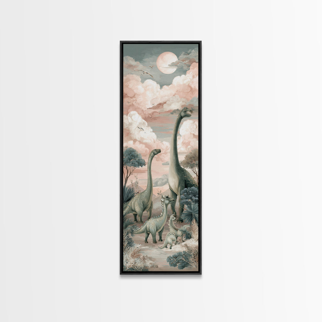 Gentle Dinosaur Family Framed Canvas Print, Nursery Decor, Boho Decor, Oil Painting, Nursery, Nursery Wall Art, Framed Wall Art, NDE-1x3-91