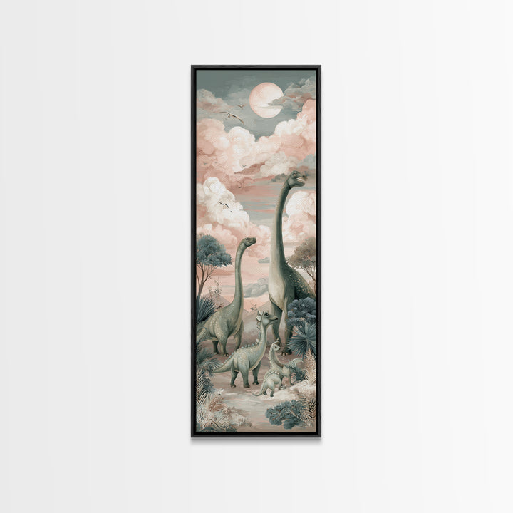 Gentle Dinosaur Family Framed Canvas Print, Nursery Decor, Boho Decor, Oil Painting, Nursery, Nursery Wall Art, Framed Wall Art, NDE-1x3-91