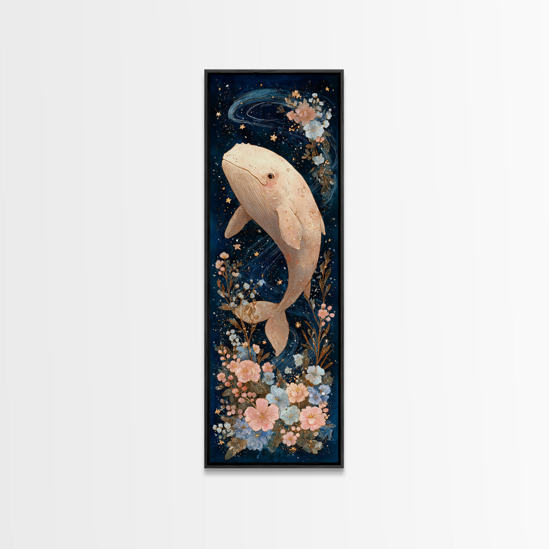Baby Whale Swimming Through Stars Framed Canvas Print, Nursery Decor, Nursery Name Sign, Fine Art, Nursery, Luxury Decor, NDE-1x3-92