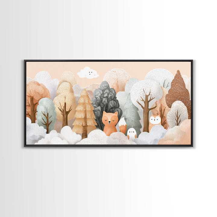 Fox and Owl Friends Framed Canvas Print, Nursery Decor, Contemporary Art, Fine Art, Nursery, Wall Decals, Nursery Wall Decor, NDE-2x1-10