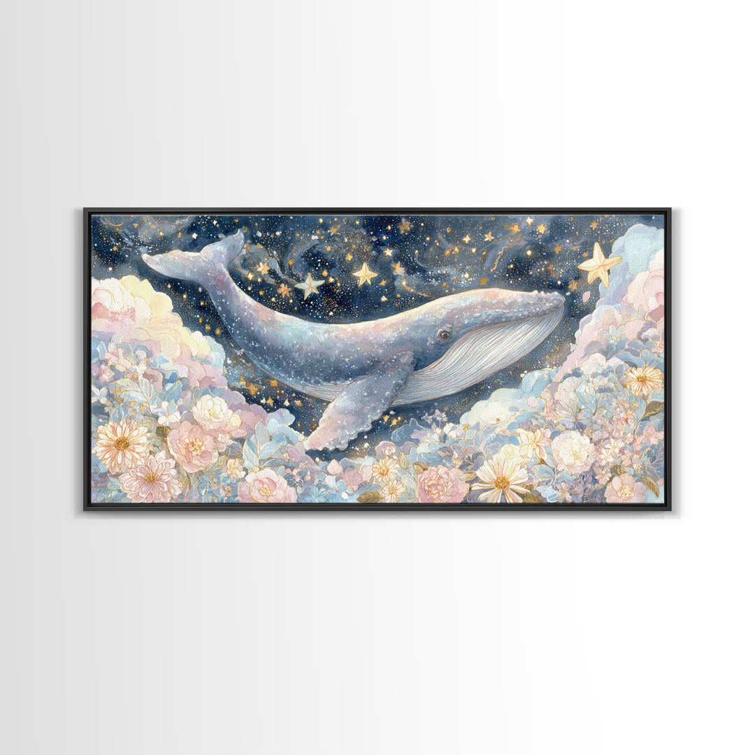 Baby Whale Swimming Through Stars Framed Canvas Print, Nursery Decor, Wall Light, Fine Art, Nursery, Statement Artwork, NDE-2x1-100