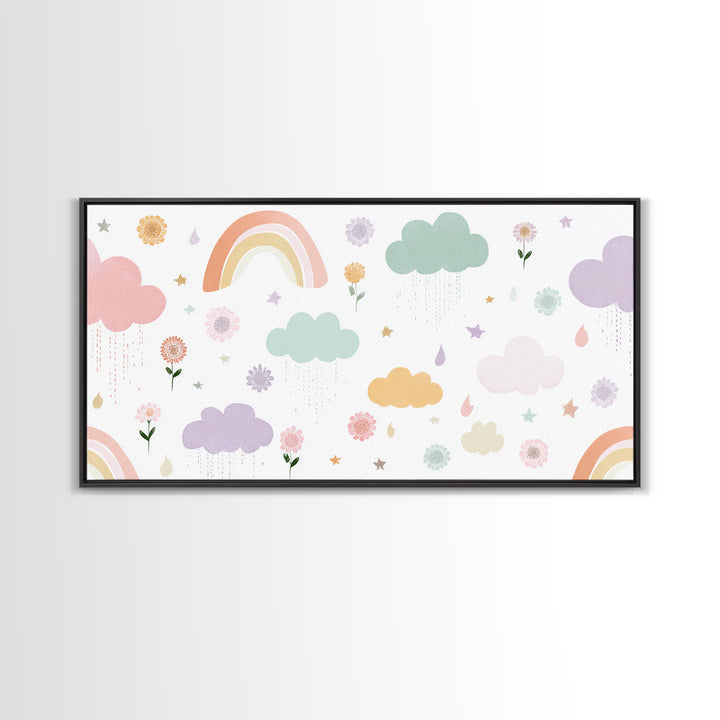 Cloud Rainbow and Raindrop Composition Framed Canvas Print, Nursery Decor, Fine Art Print, Fine Art, Nursery, NDE-2x1-16