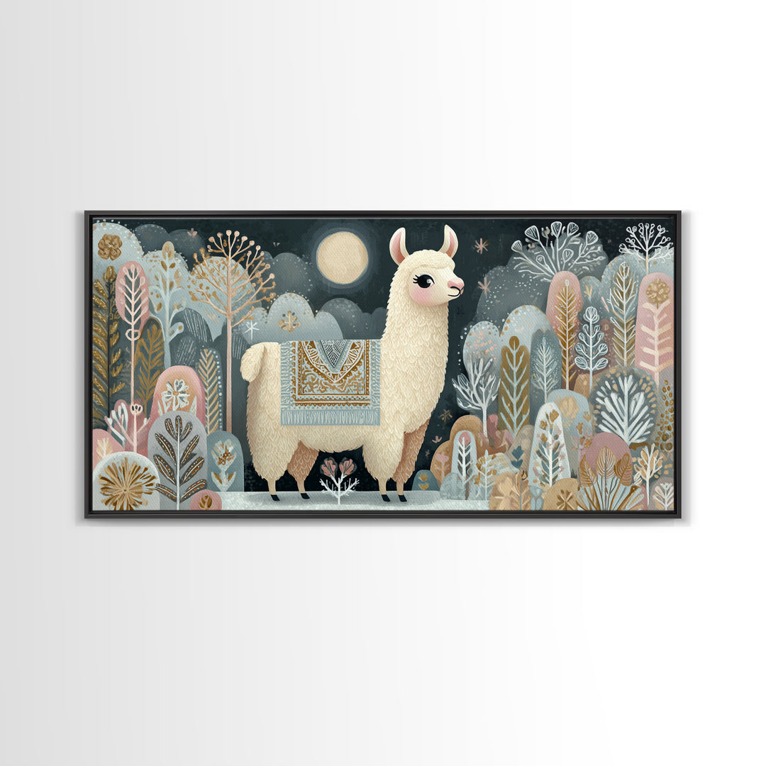 Cute Llama with Blanket Pattern Canvas Print, Nursery Decor, Nursery, Floral Wall Art, Botanical Wall Art, Floral Wallpaper, NDE-2x1-17