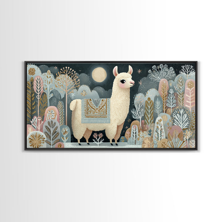 Cute Llama with Blanket Pattern Canvas Print, Nursery Decor, Nursery, Floral Wall Art, Botanical Wall Art, Floral Wallpaper, NDE-2x1-17