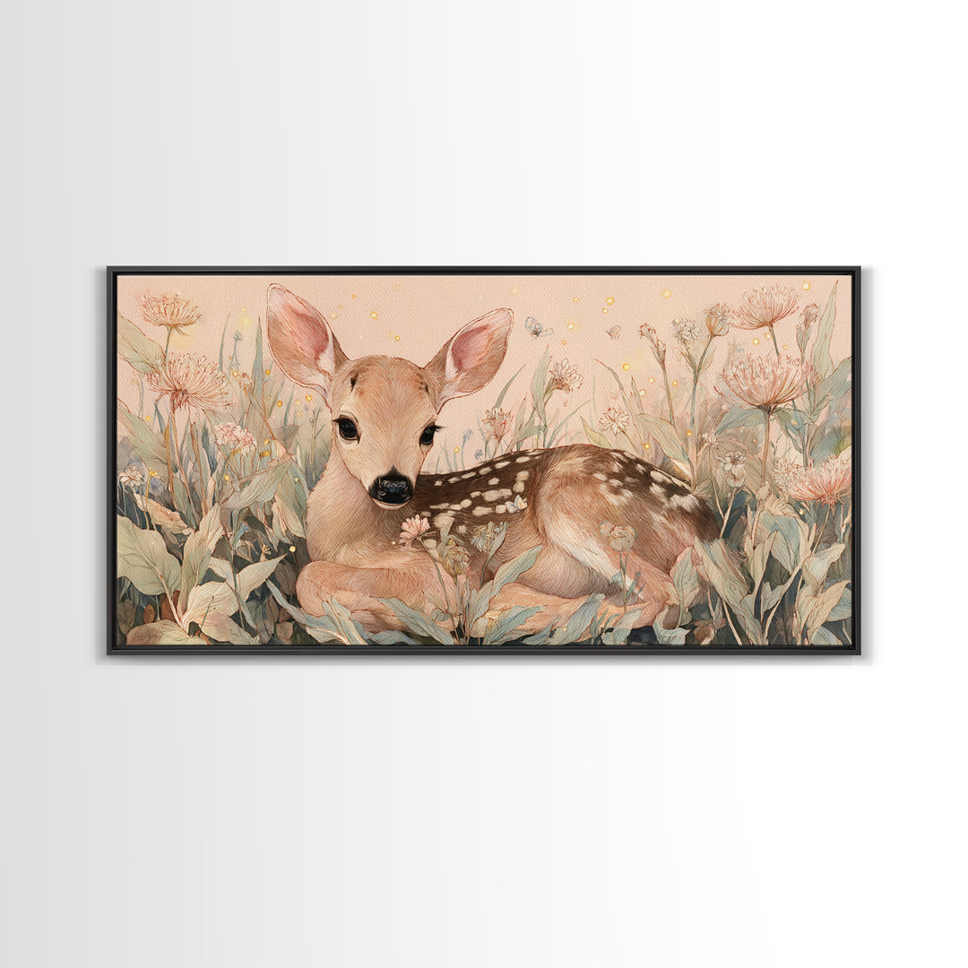 Baby Deer in Meadow with Fireflies Framed Canvas Print, Nursery Decor, Room Decor, Fine Art, Nursery, Framed Wall Art, NDE-2x1-18