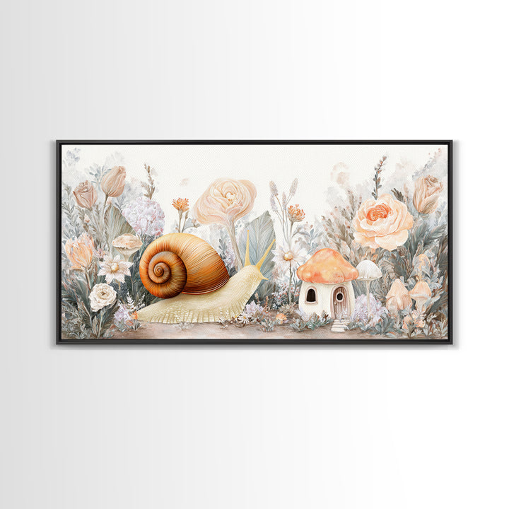 Garden Snail with Mushroom House Framed Canvas Print, Nursery Decor, Woodland Nursery, Watercolor Art, Nursery, NDE-2x1-19