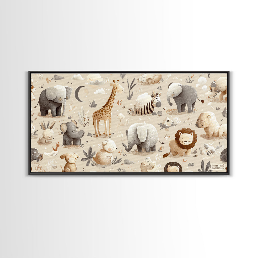 Cute Safari Animals Framed Canvas Print, Nursery Decor, Minimalist Decor, Fine Art, Nursery, Wall Decals, Nursery Wall Decor, NDE-2x1-24