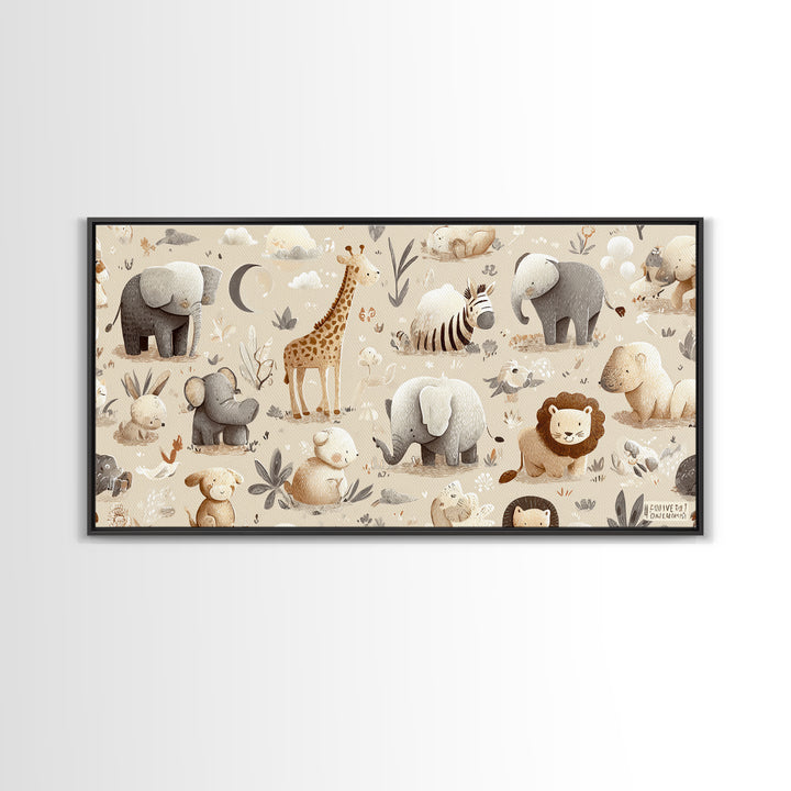Cute Safari Animals Framed Canvas Print, Nursery Decor, Minimalist Decor, Fine Art, Nursery, Wall Decals, Nursery Wall Decor, NDE-2x1-24